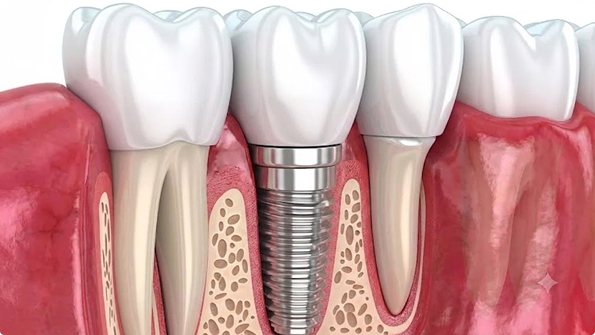 Illustration of a dental implant post and crown placed among natural teeth