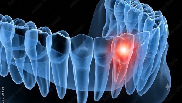 3D illustration of an impacted canine tooth in the dental arch